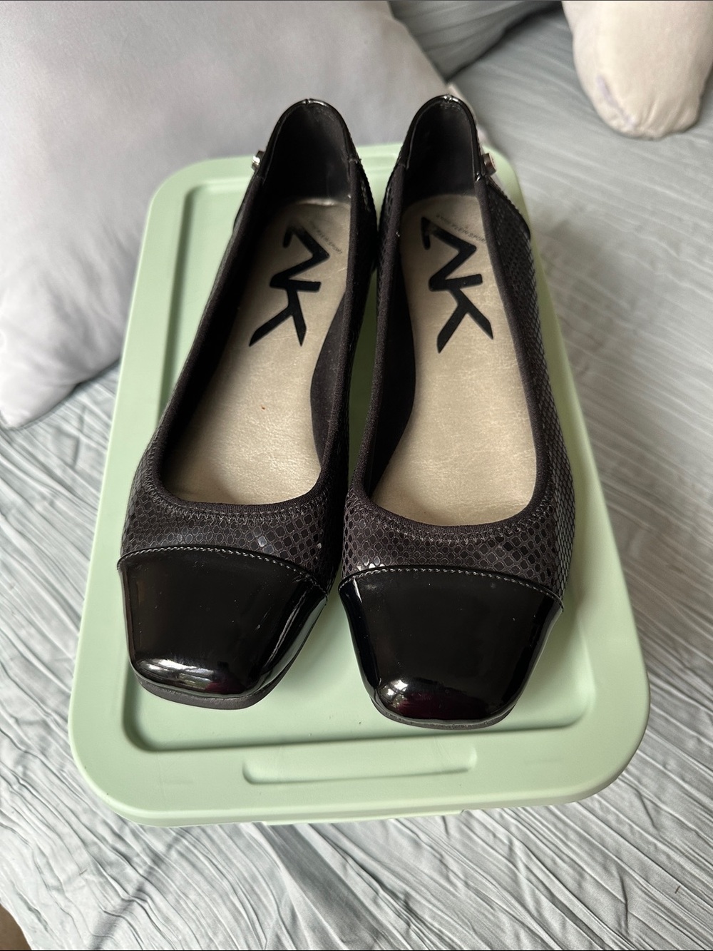 Anne Klein Black Textured Flats with Patent Cap Toe
